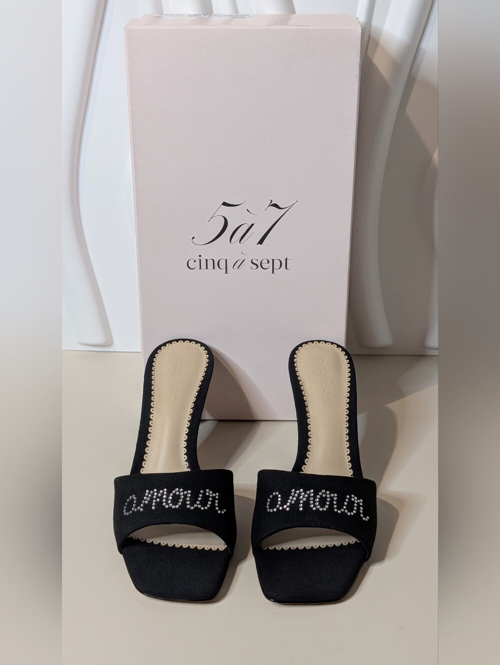 Cinq à Sept June Heatset Crystal Amour Mule Sandals Black NIB Size 7